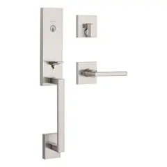 Kwikset CP818VNHXHFLSQT-15S Clear Pack Single Cylinder Vancouver Exterior Handleset with Halifax Lever and Square Rose Trim with SmartKey with RCAL Latch and RCS Strike Satin Nickel Finish