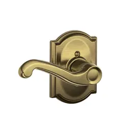 Schlage Residential F170FLA609CAMLH Left Hand Flair Lever with Camelot Rose Half Dummy Antique Brass Finish