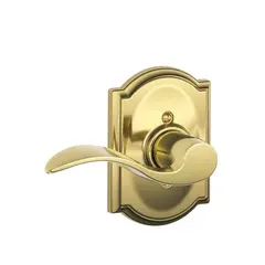 Schlage Residential F59ACC605CAMLH Left Hand Accent Lever with Camelot Rose Interior Active Trim with 12326 Latch and 10269 Strikes Bright Brass Finish