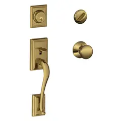 Schlage Residential F60ADD609PLY Addison Exterior Active Handleset C Keyway with Plymouth Knob Interior Active Trim with 12326 Latch and 10269 Strikes Antique Brass Finish