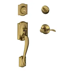 Schlage Residential F60CAM609ACCLH Camelot Exterior Active Handleset C Keyway with Left Hand Accent Lever Interior Active Trim with 12326 Latch and 10269 Strikes Antique Brass Finish