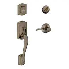 Schlage Residential F60CAM620ACCRH Camelot Exterior Active Handleset C Keyway with Right Hand Accent Lever Interior Active Trim with 12326 Latch and 10269 Strikes Antique Nickel Finish