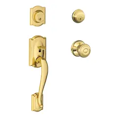 Schlage Residential F62CAM505GEO Camelot with Georgian Knob Double Cylinder Handleset and Trim C Keyway with 12326 Latch and 10269 Strikes Lifetime Brass Finish