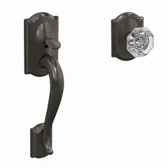 Schlage Residential FC285CAM530ALXCAM Schlage Custom  Camelot with Alexandria Glass Knob with Camelot Rose Bottom Half Handleset with 16601 Latch and 10063 Strike Black Stainless Finish