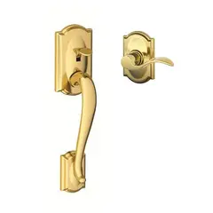 Schlage Residential FE285CAM605ACCCAMLH Left Hand Camelot with Accent Lever with Camelot Rose Bottom Half Handleset with 16080 Latch and 10063 Strike Bright Brass Finish