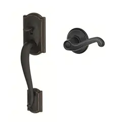 Schlage Residential FE285CAM716FLALH Left Hand Camelot with Flair Lever Bottom Half Handleset with 16080 Latch and 10063 Strike Aged Bronze Finish