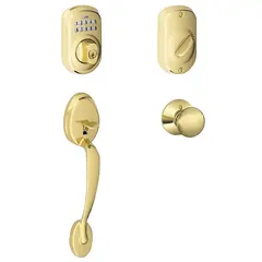 Schlage Residential FE365PLY505PLY Plymouth with Plymouth Knob Handleset with Keypad Deadbolt with Adjustable Backsets and Dual Strikes Lifetime Brass Finish