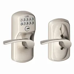 Schlage Residential FE595PLY619MER Plymouth with Merano Lever Entry Flex Lock Electronic Keypad with 16211 Latch and 10063 Strike Satin Nickel Finish