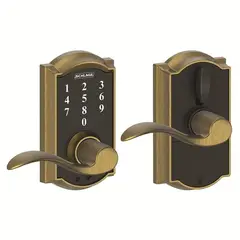 Schlage Residential FE695CAM609ACC Camelot with Accent Lever Keyless Touch Lever Lock with 16211 Latch and 10063 Strike Antique Brass Finish