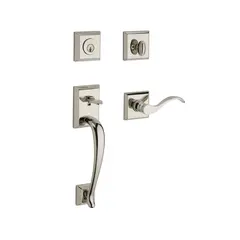 Baldwin SCNAPXCURRTSR055 Single Cylinder Napa Handleset Right Hand Curve Lever and Traditional Square Rose with 6AL Latch and Dual Strike Lifetime Bright Nickel Finish