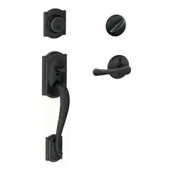 Schlage Residential F60CAM716VLA Camelot Exterior Active Handleset C Keyway with Avila Lever Interior Active Trim with 12326 Latch and 10269 Strikes Aged Bronze Finish