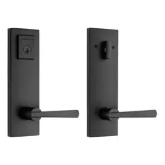 Baldwin 183SPEXSPLSQR514S Complete Entrance Set with Single Cylinder Deadbolt with Lever by Lever Spyglass Square Design with RCAL Latch; RCS Strike; and SmartKey Matte Black Finish