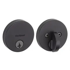 Kwikset 258RDT-514S.STRKP Uptown Round Contemporary Low Profile Single Cylinder SmartKey Deadbolt with 6AL Latch and STRKP Strike Pack which includes Square Corner, Round Corner and 5303 Round Corner Full Lip Strikes KA3 Matte Black Finish