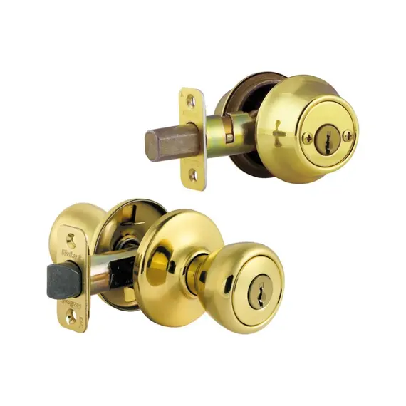 Kwikset CP690T-3 Clear Pack Combo Tylo Knob Entry with Single Cylinder Deadbolt with RCAL Latch and RCS Strike Bright Brass Finish