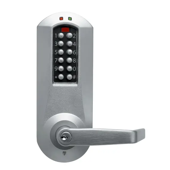 Simplex E5031SWL626 Eplex Cylindrical Electronic Pushbutton Lock with 1/2" Throw and 2-3/4" Backset; Winston Lever and Schlage Prep Satin Chrome Finish