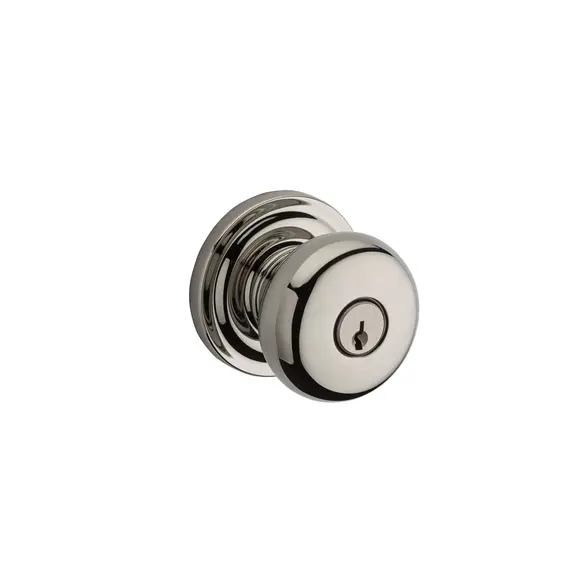 Baldwin ENROUTRR055 Entry Round Knob and Traditional Round Rose with 6AL Latch and Dual Strike Lifetime Bright Nickel Finish