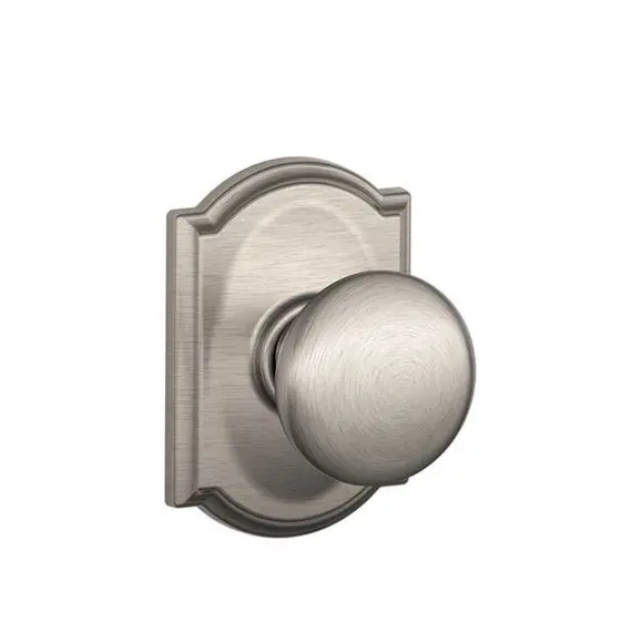 Schlage Residential F10PLY619CAM Plymouth Knob with Camelot Rose Passage Lock with 16080 Latch and 10027 Strike Satin Nickel Finish