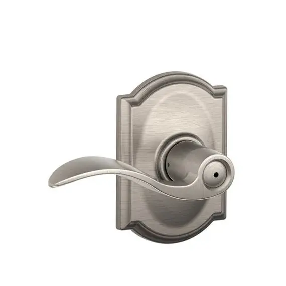 Schlage Residential F40ACC619CAM Accent Lever with Camelot Rose Privacy Lock with 16080 Latch and 10027 Strike Satin Nickel Finish