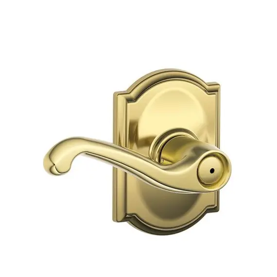 Schlage Residential F40FLA605CAM Flair Lever with Camelot Rose Privacy Lock with 16080 Latch and 10027 Strike Bright Brass Finish