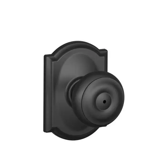 Schlage Residential F40GEO622CAM Georgian Knob with Camelot Rose Privacy Lock with 16080 Latch and 10027 Strike Matte Black Finish