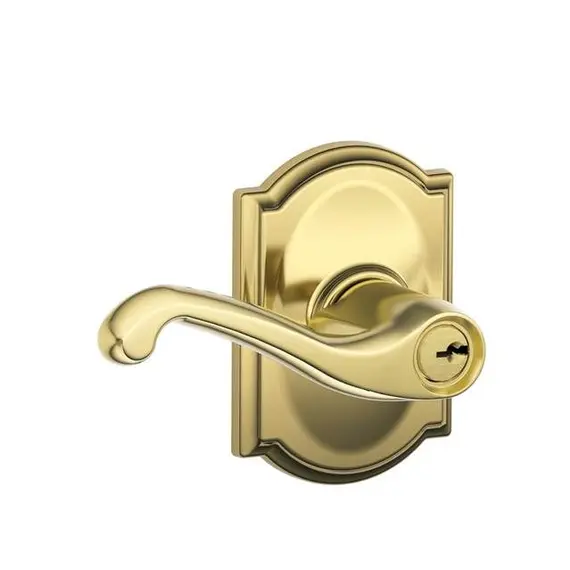 Schlage Residential F51AFLA605CAM Flair Lever with Camelot Rose Keyed Entry Lock C Keyway with 16211 Latch and 10063 Strike Bright Brass Finish