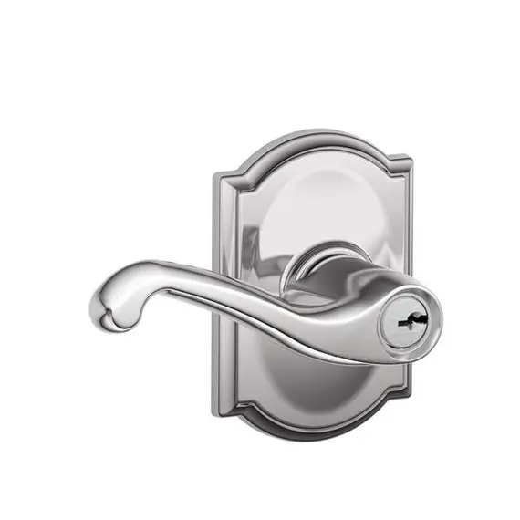 Schlage Residential F51AFLA625CAM Flair Lever with Camelot Rose Keyed Entry Lock C Keyway with 16211 Latch and 10063 Strike Bright Chrome Finish