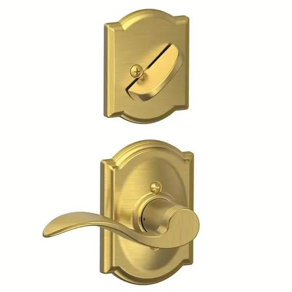 Schlage Residential F59ACC608CAMRH Right Hand Accent Lever with Camelot Rose Interior Active Trim with 12326 Latch and 10269 Strikes Satin Brass Finish