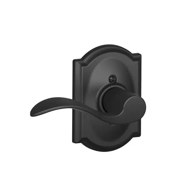 Schlage Residential F59ACC622CAMLH Left Hand Accent Lever with Camelot Rose Interior Active Trim with 12326 Latch and 10269 Strikes Matte Black Finish