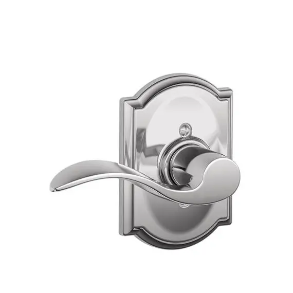 Schlage Residential F59ACC625CAMRH Right Hand Accent Lever with Camelot Rose Interior Active Trim with 12326 Latch and 10269 Strikes Bright Chrome Finish