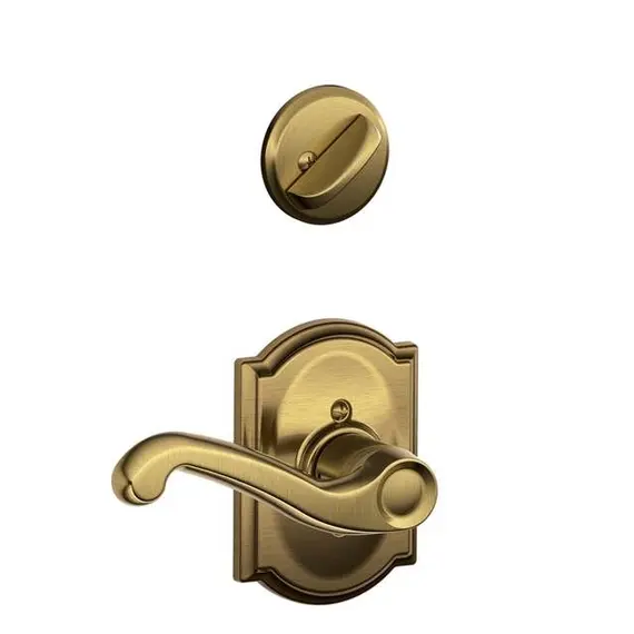 Schlage Residential F59FLA609CAMLH Left Hand Flair Lever with Camelot Rose Interior Active Trim with 12326 Latch and 10269 Strikes Antique Brass Finish