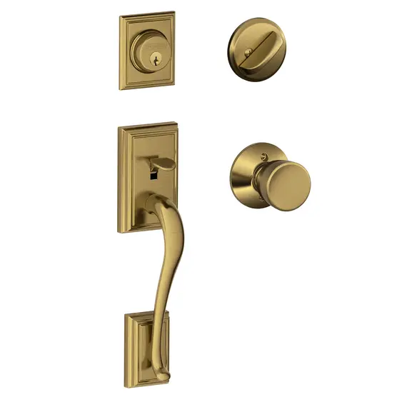 Schlage Residential F60ADD609BEL Addison Exterior Active Handleset C Keyway with Bell Knob Interior Active Trim with 12326 Latch and 10269 Strikes Antique Brass Finish