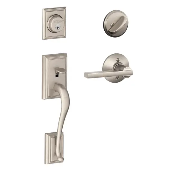 Schlage Residential F60ADD619LAT Addison Exterior Active Handleset C Keyway with Latitude Lever Interior Active Trim with 12326 Latch and 10269 Strikes Satin Nickel Finish