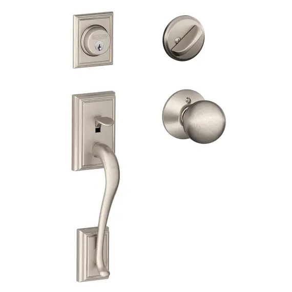 Schlage Residential F60ADD619ORB Addison Exterior Active Handleset C Keyway with Orbit Knob Interior Active Trim with 12326 Latch and 10269 Strikes Satin Nickel Finish