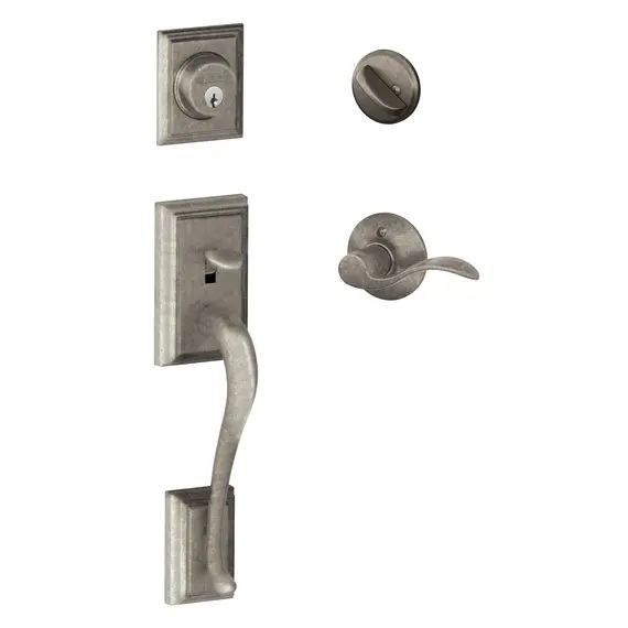 Schlage Residential F60ADD621ACCLH Addison Exterior Active Handleset C Keyway with Left Hand Accent Lever Interior Active Trim with 12326 Latch and 10269 Strikes Distressed Nickel Finish