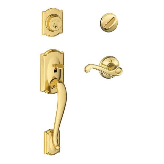 Schlage Residential F60CAM605FLARH Camelot Exterior Active Handleset C Keyway with Right Hand Flair Lever Interior Active Trim with 12326 Latch and 10269 Strikes Bright Brass Finish