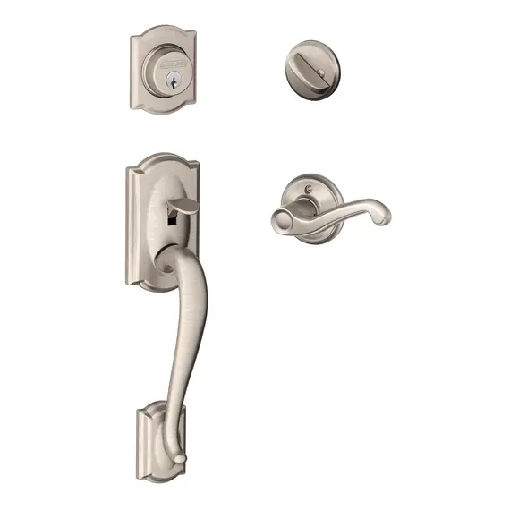 Schlage Residential F60CAM619FLALH Camelot Exterior Active Handleset C Keyway with Left Hand Flair Lever Interior Active Trim with 12326 Latch and 10269 Strikes Satin Nickel Finish