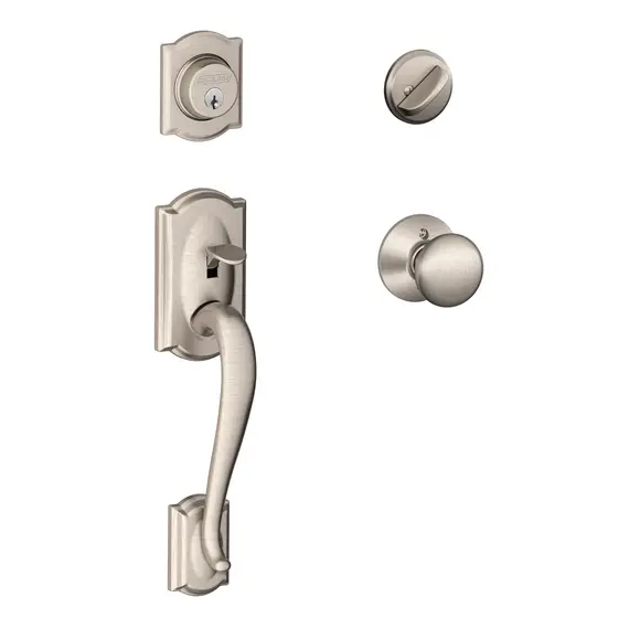 Schlage Residential F60CAM619PLY Camelot Exterior Active Handleset C Keyway with Plymouth Knob Interior Active Trim with 12326 Latch and 10269 Strikes Satin Nickel Finish