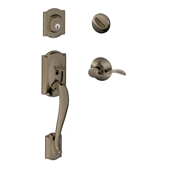 Schlage Residential F60CAM620ACCLH Camelot Exterior Active Handleset C Keyway with Left Hand Accent Lever Interior Active Trim with 12326 Latch and 10269 Strikes Antique Nickel Finish