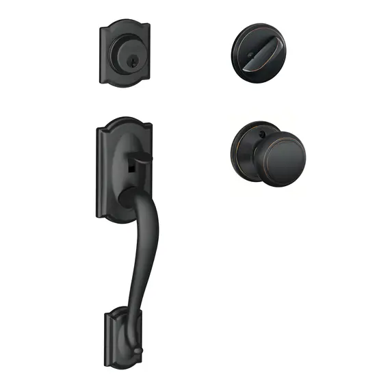 Schlage Residential F60CAM622AND716 Camelot Exterior Active Handleset C Keyway with Andover Knob Interior Active Trim with 12326 Latch and 10269 Strikes Matte Black by Aged Bronze Finish