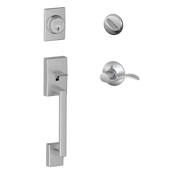 Schlage Residential F60CEN626ACCLH Century Exterior Active Handleset C Keyway with Left Hand Accent Lever Interior Active Trim with 12326 Latch and 10269 Strikes Satin Chrome Finish