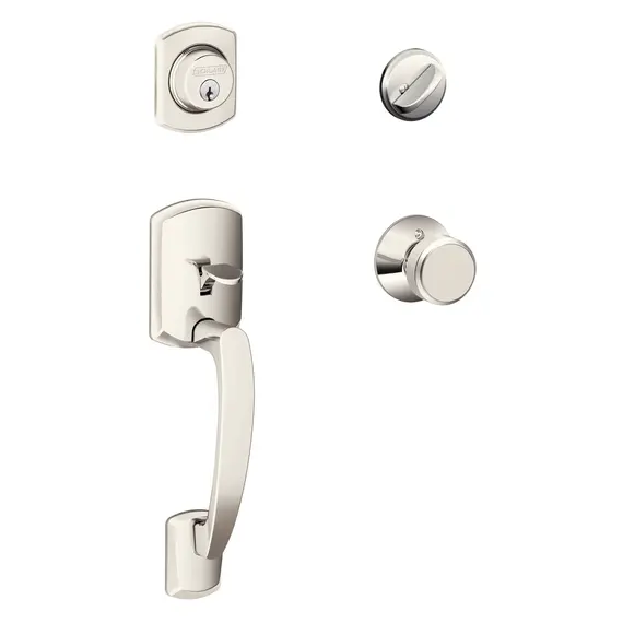 Schlage Residential F60GRW618BWE Greenwich with Bowery Knob Single Cylinder Handleset and Trim C Keyway with 12326 Latch and 10115 Strike Bright Nickel Finish