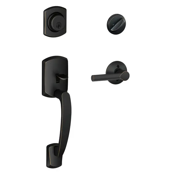 Schlage Residential F60GRW716BRW Greenwich Exterior Active Handleset C Keyway with Broadway Lever Interior Active Trim with 12326 Latch and 10269 Strikes Aged Bronze Finish