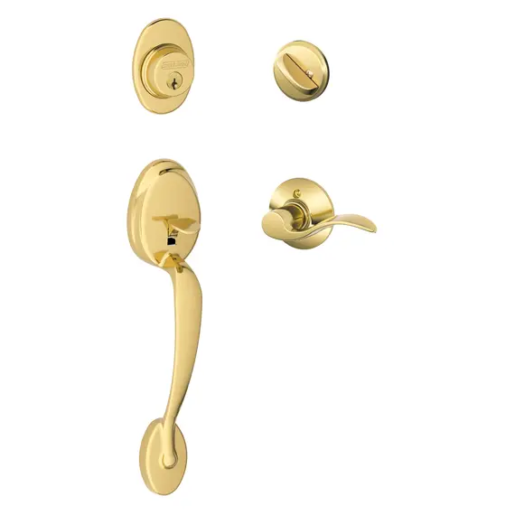 Schlage Residential F60PLY605ACCLH Plymouth Exterior Active Handleset C Keyway with Left Hand Accent Lever Interior Active Trim with 12326 Latch and 10269 Strikes Bright Brass Finish