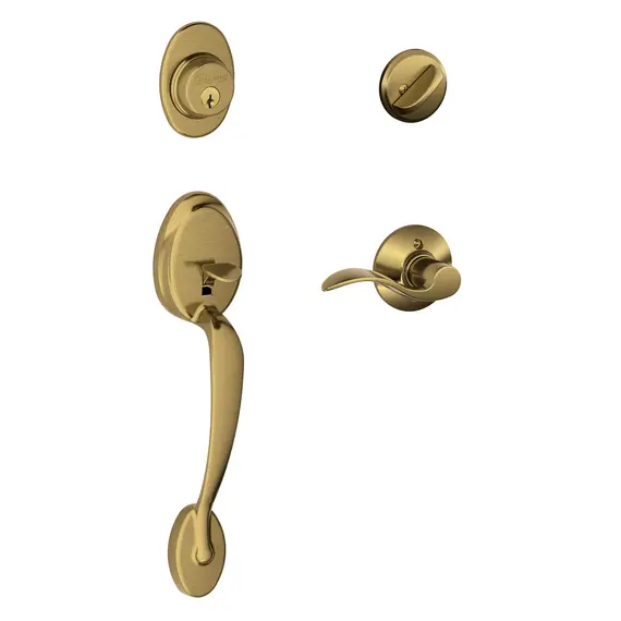 Schlage Residential F60PLY609ACCRH Plymouth Exterior Active Handleset C Keyway with Right Hand Accent Lever Interior Active Trim with 12326 Latch and 10269 Strikes Antique Brass Finish