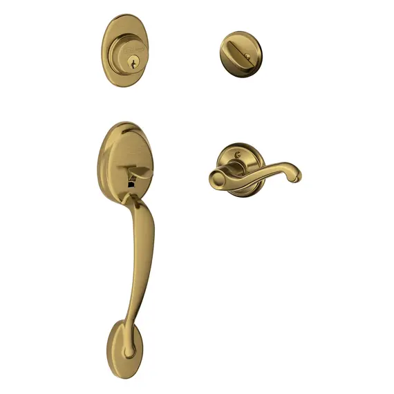 Schlage Residential F60PLY609FLALH Plymouth Exterior Active Handleset C Keyway with Left Hand Flair Lever Interior Active Trim with 12326 Latch and 10269 Strikes Antique Brass Finish