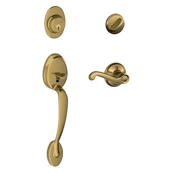 Schlage Residential F60PLY609FLARH Plymouth Exterior Active Handleset C Keyway with Right Hand Flair Lever Interior Active Trim with 12326 Latch and 10269 Strikes Antique Brass Finish