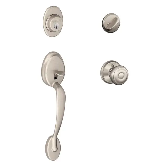 Schlage Residential F60PLY619GEO Plymouth Exterior Active Handleset C Keyway with Georgian Knob Interior Active Trim with 12326 Latch and 10269 Strikes Satin Nickel Finish