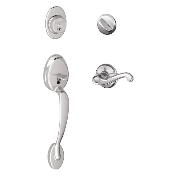 Schlage Residential F60PLY625FLALH Plymouth Exterior Active Handleset C Keyway with Left Hand Flair Lever Interior Active Trim with 12326 Latch and 10269 Strikes Bright Chrome Finish