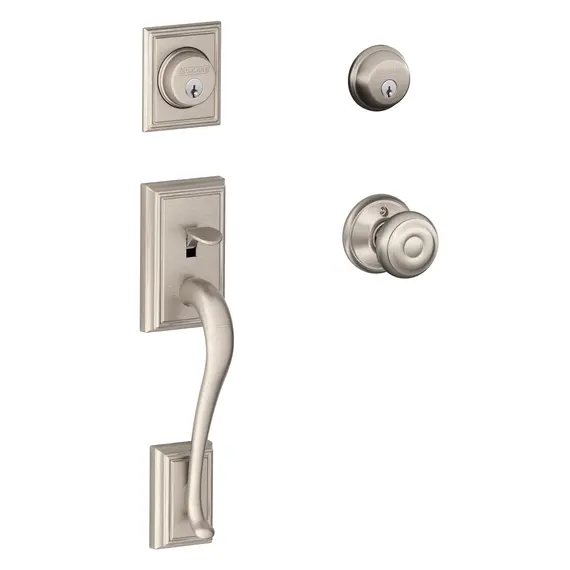 Schlage Residential F62ADD619GEO Addison with Georgian Knob Double Cylinder Handleset and Trim C Keyway with 12326 Latch and 10269 Strikes Satin Nickel Finish