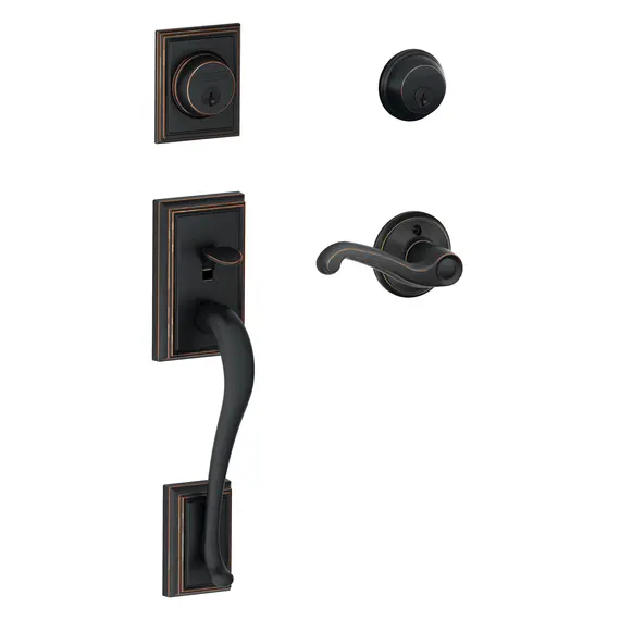 Schlage Residential F62ADD716FLARH Right Hand Addison with Flair Lever Double Cylinder Handleset and Trim C Keyway with 12326 Latch and 10269 Strikes Aged Bronze Finish